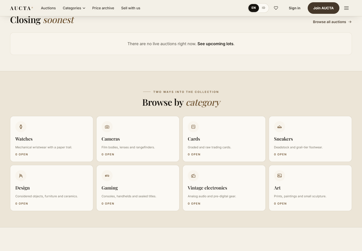 AUCTA homepage screenshot showing its collection categories