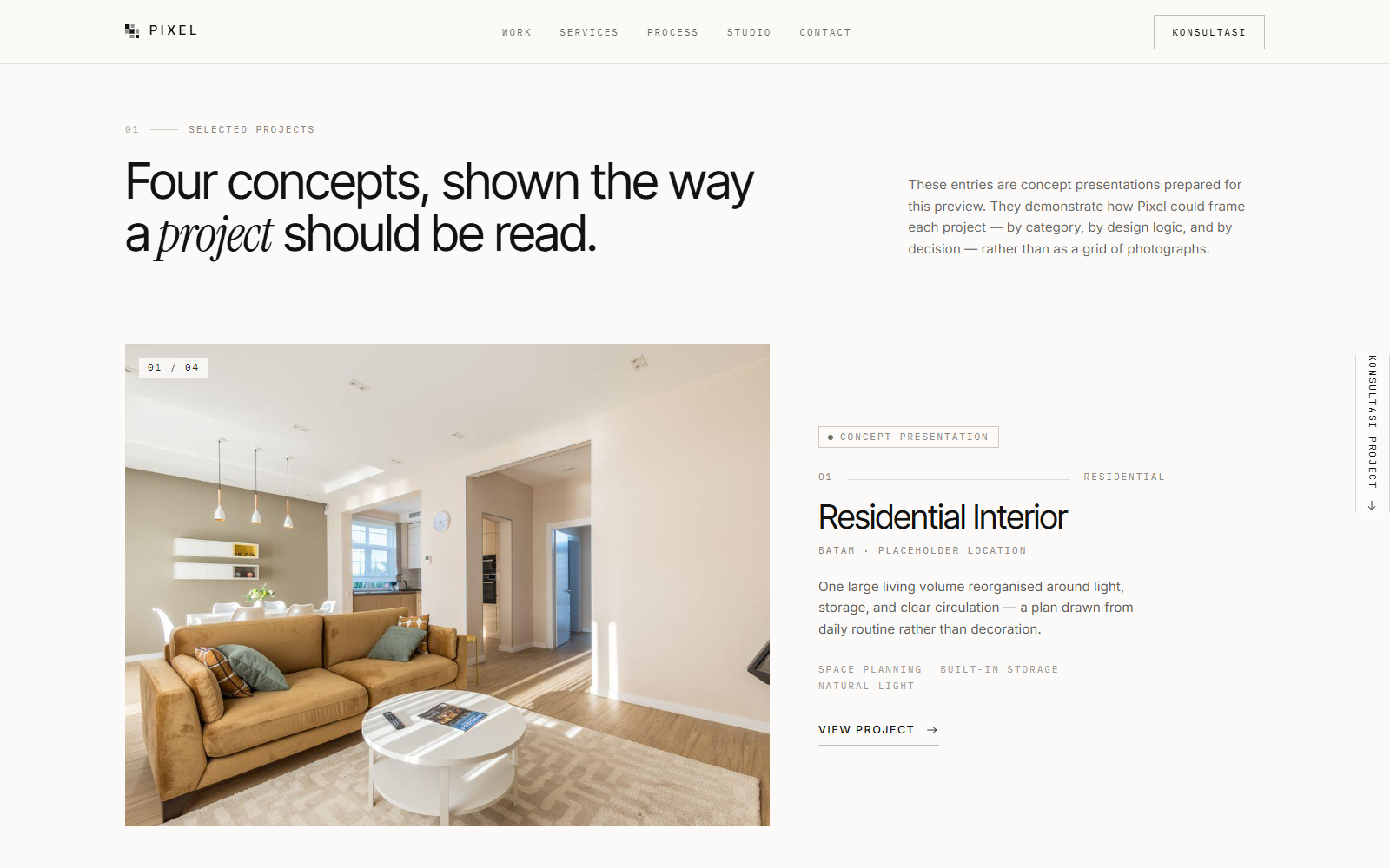 Portfolio konsep interior dalam preview Pixel